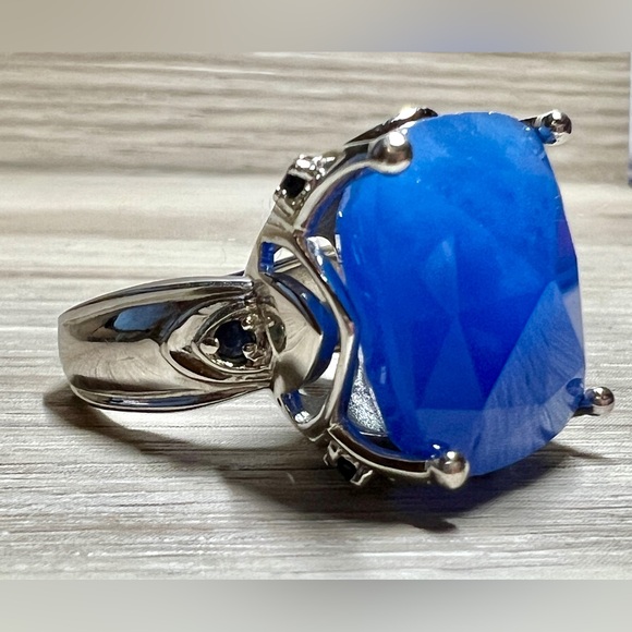 Vintage Designer Signed (SX) Sterling Silver Blue Jade & Sapphire Ring, Size 6 - Picture 7 of 14